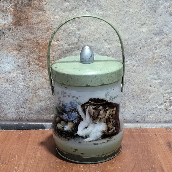 Vintage Best Wishes Easter Bunny Metal Handle Bucket with Lid 7 In - Picture 1 of 11